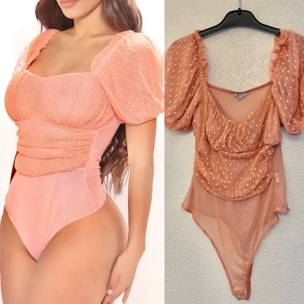 BlaShe pink mesh swiss dot lace puff sleeve dressy blouse square neck Bodysuit S